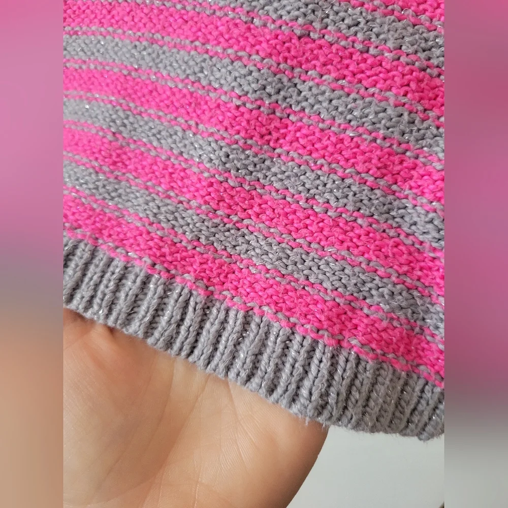 Girls Justice Knit Pink and Gray Striped Metallic Shimmer Sweater 10